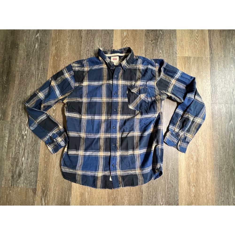 Levis Plaid Button Down Shirt Mens Large Blue Black Long Sleeve Flannel
